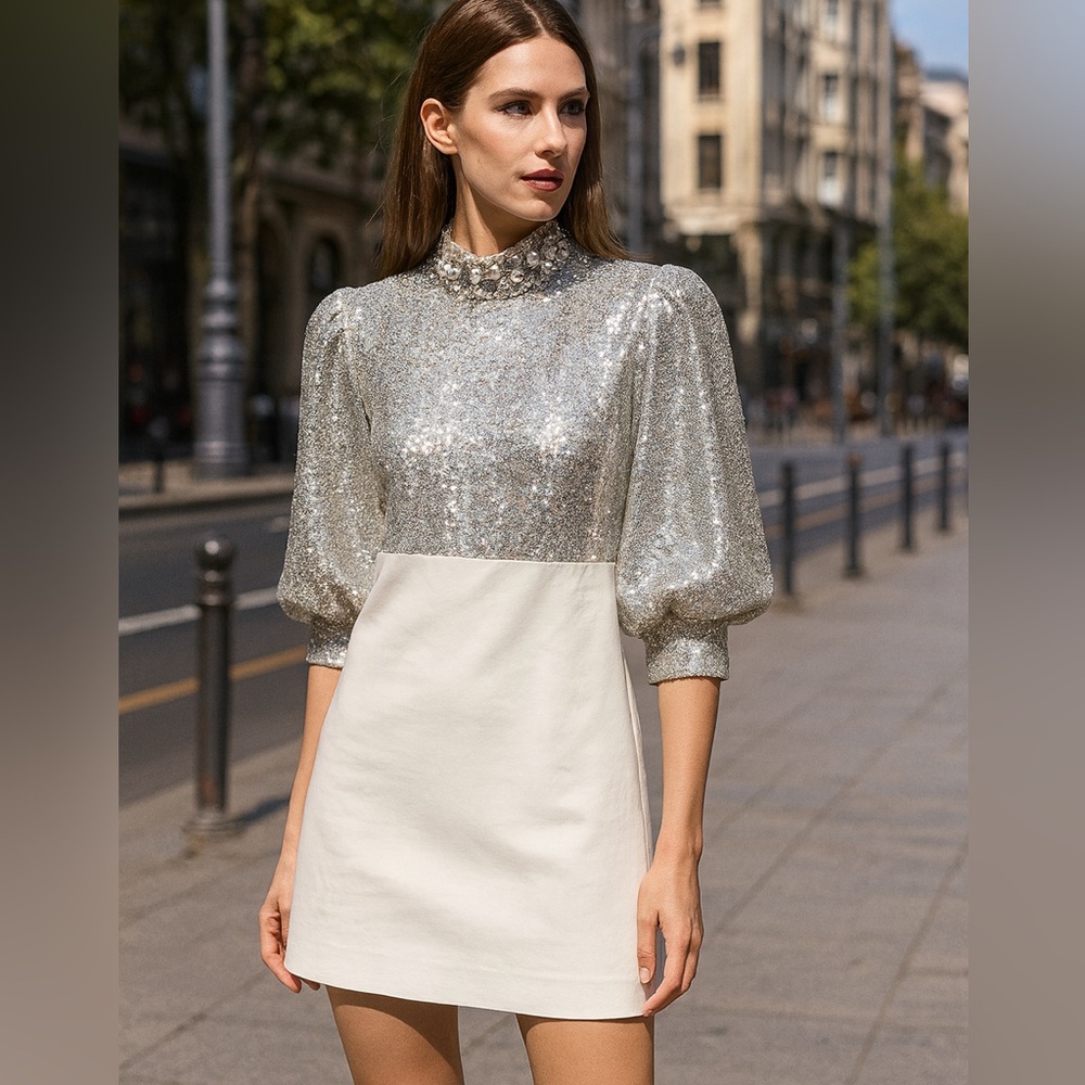 Boston Proper White Cocktail Dress with Silver Embellishments